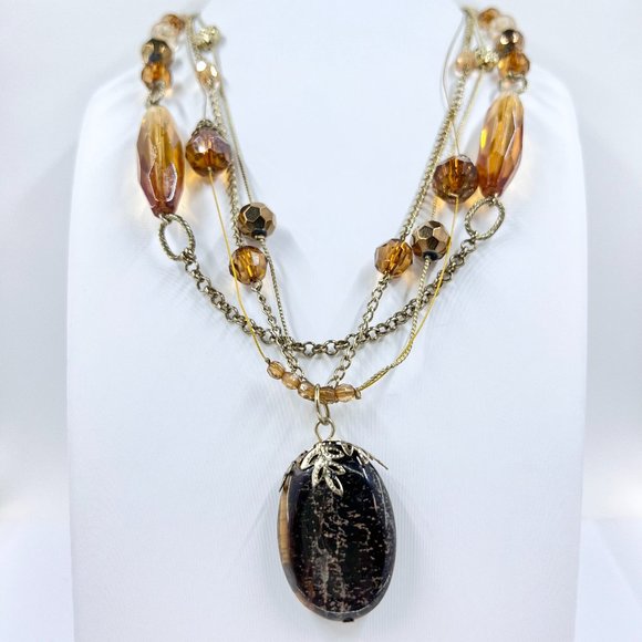 NWOT - Large Tigers Eye Pendant Multi Strand Gold Tone Beaded 18” Necklace - Picture 3 of 9